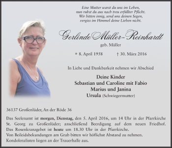 Traueranzeige von Gerlinde Müller-Reinhardt 
