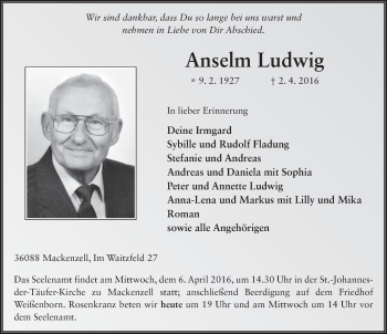 Traueranzeige von Anselm Ludwig 