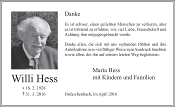 Traueranzeige von Willi Hess 