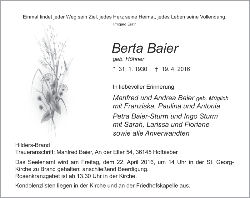  Traueranzeige für Berta Baier vom 21.04.2016 aus 