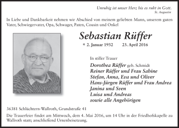 Traueranzeige von Sebastian Rüffer 