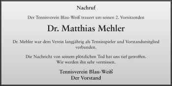 Traueranzeige von Matthias Mehler 