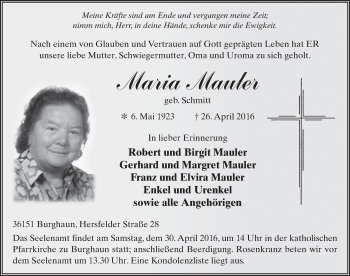 Traueranzeige von Maria Mauler 