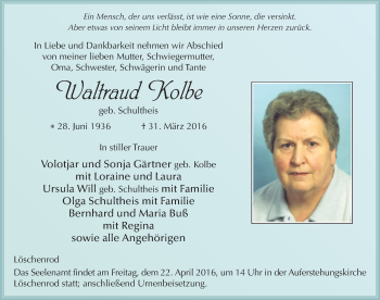 Traueranzeige von Waltraud Kolbe 