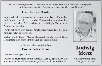 Traueranzeige von Ludwig Menz 