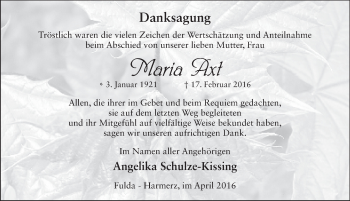 Traueranzeige von Maria Axt 