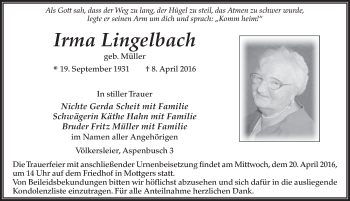 Traueranzeige von Irma Lingelbach 