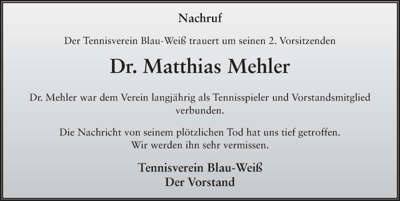  Traueranzeige für Matthias Mehler vom 21.04.2016 aus 