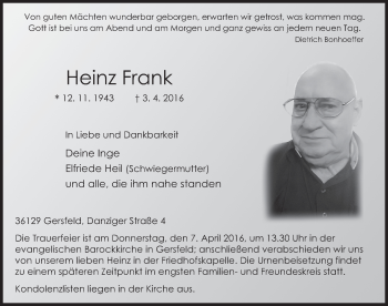 Traueranzeige von Heinz Frank 
