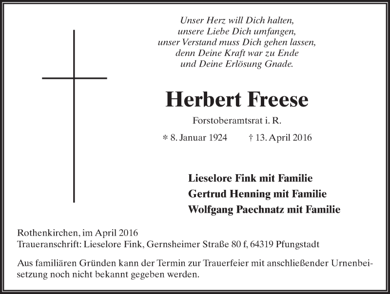  Traueranzeige für Herbert Freese vom 16.04.2016 aus 