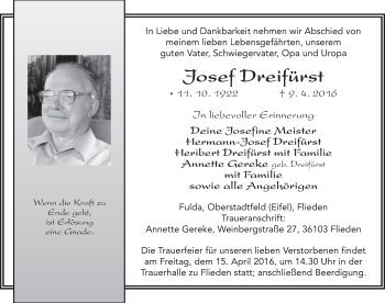 Traueranzeige von Josef Dreifürst 