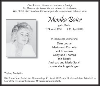 Traueranzeige von Monika Baier 