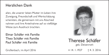 Traueranzeige von Therese Schäfer 
