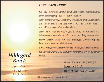 Traueranzeige von Hildegard Binek 