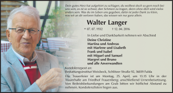 Traueranzeige von Walter Langer 