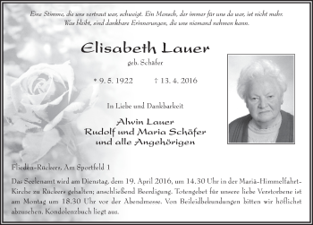 Traueranzeige von Elisabeth Lauer 