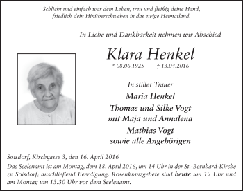 Traueranzeige von Klara Henkel 