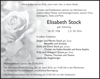 Traueranzeige von Elisabeth Stock 