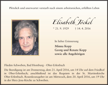 Traueranzeige von Elisabeth Jöckel 