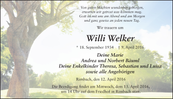 Traueranzeige von Willi Welker 