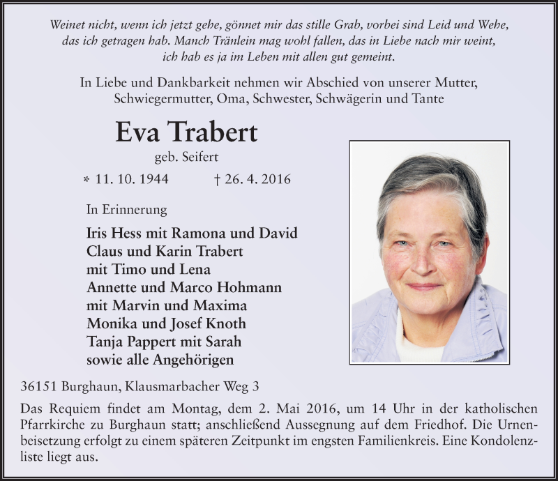  Traueranzeige für Eva Trabert vom 29.04.2016 aus 