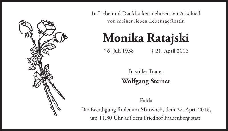  Traueranzeige für Monika Ratajski vom 25.04.2016 aus 