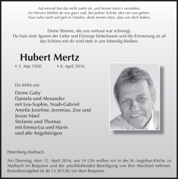 Traueranzeige von Hubert Mertz 