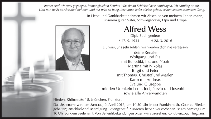 Traueranzeige für Alfred Wess vom 06.04.2016 aus 