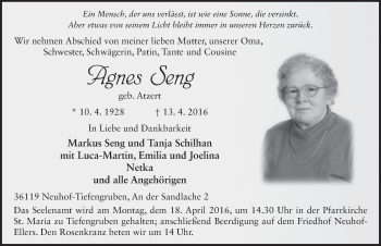 Traueranzeige von Agnes Seng 