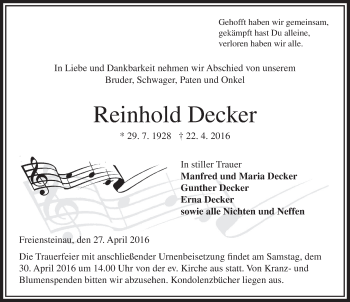 Traueranzeige von Reinhold Decker 