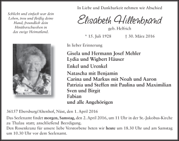 Traueranzeige von Elisabeth Hillenbrand 