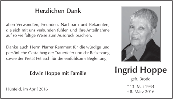 Traueranzeige von Ingrid Hoppe 