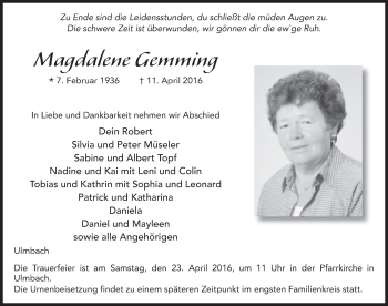 Traueranzeige von Magdalene Gemming 