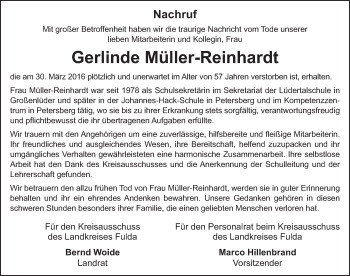 Traueranzeige von Gerlinde Müller-Reinhardt 