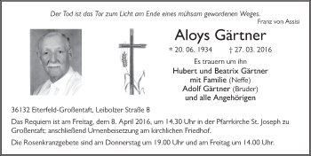 Traueranzeige von Aloys Gärtner 