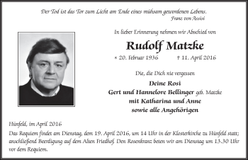 Traueranzeige von Rudolf Matzke 