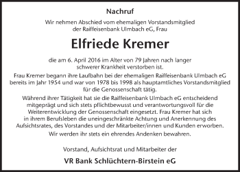 Traueranzeige von Elfriede Kremer 