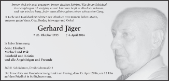 Traueranzeige von Gerhard Jäger 