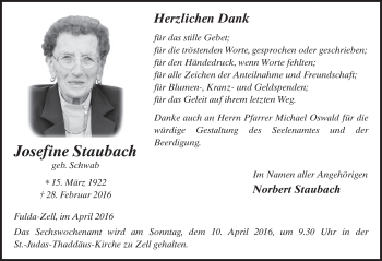 Traueranzeige von Josefine Staubach 