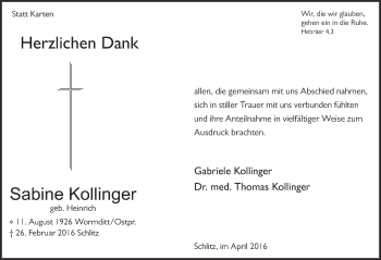 Traueranzeige von Sabine Kollinger 
