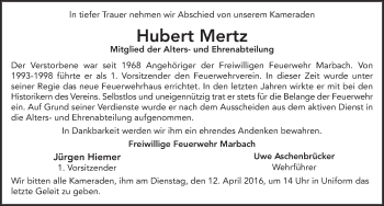 Traueranzeige von Hubert Mertz 