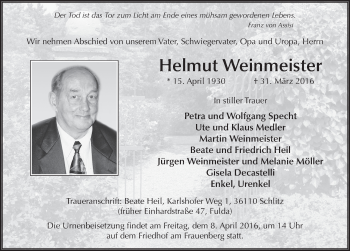 Traueranzeige von Helmut Weinmeister 