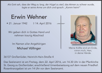 Traueranzeige von Erwin Wehner 