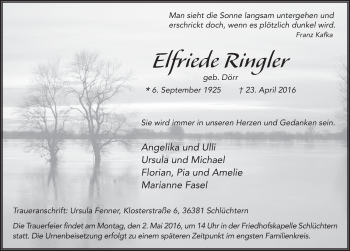 Traueranzeige von Elfriede Ringler 