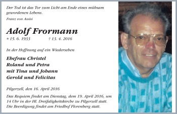 Traueranzeige von Adolf Frormann 