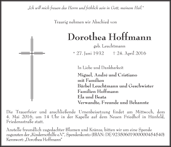 Traueranzeige von Dorothea Hoffmann 