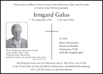 Traueranzeige von Irmgard Galus 