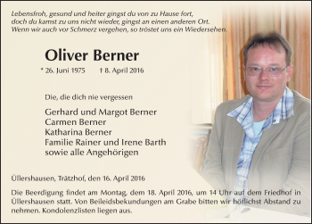 Traueranzeige von Oliver Berner 