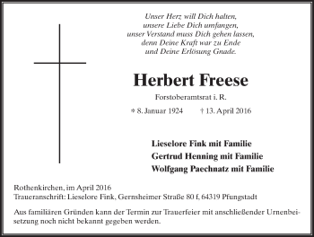 Traueranzeige von Herbert Freese 