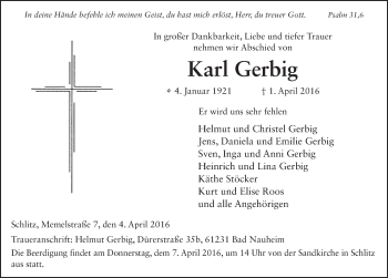 Traueranzeige von Karl Gerbig 